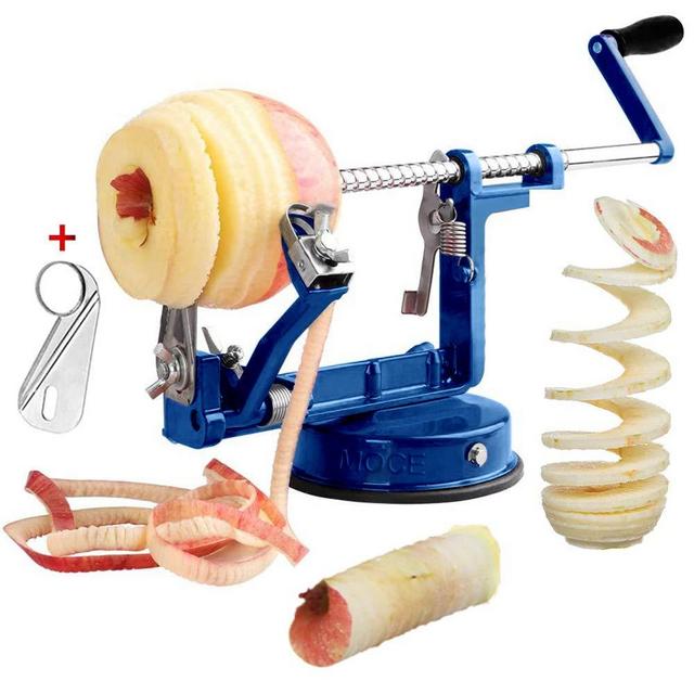 Apple Peelers, 3 In 1 Stainless Steel Apple Peelers Corer Slicer with Suction Base Spiral Multicolor Peelers Slicer (Blue)