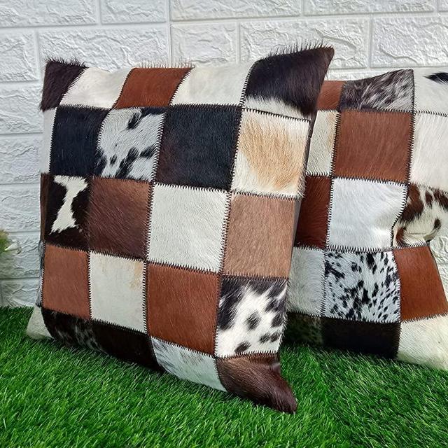Just Cowhide Set of 2 Tricolor Cowhide Cushion Pillow Covers - Brown Black White Cow Hide Square Box Design Decorative Cushion Pillowcases 16 X 16 Hair On