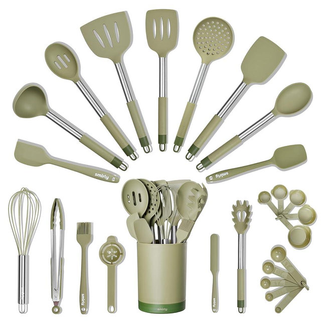 SMIRLY Silicone Kitchen Utensils Set with Holder - Silicone Cooking Utensils Set for Nonstick Cookware, Kitchen Spatula Set & Kitchen Essentials, Home Kitchen Tools & Accessories Set - Green