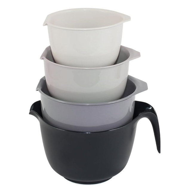 Glad Mixing Bowls with Pour Spout, Set of 4 - Nesting Plastic Bowls (1.2qt, 1.9qt, 2.8qt, and 3qt with Handle) - Non Slip Base, Dishwasher Safe Kitchen Cooking and Baking Supplies, Grey