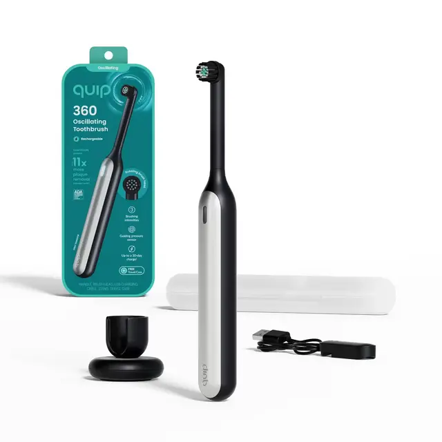 quip 360 Oscillating Rechargeable Electric Toothbrush + Travel Case - Black/Silver