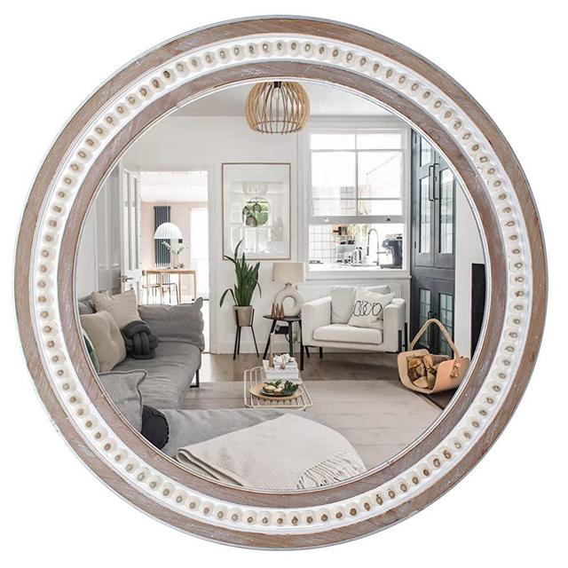 Round Wall Mirrors Decorative Mirror - 31.5" Hanging Mirror, Rustic Distressed Wooden Farmhouse Circle Mirror Frame with Beads Decor for Bedroom, Bathroom, Living Room, or Entryway