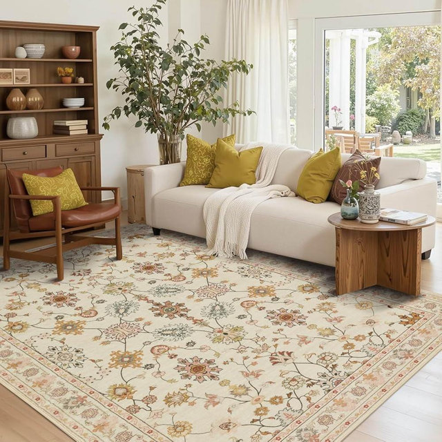 Rugxara Floral Rug for Living Room Bedroom, 5x7 Washable Rug, Vintage Boho Area Rug, Large Non Slip & Low Pile Wool Carpet for Indoor Dining Room, Girls Room, Nursery Room and Kids Room(Apricot 5x7ft)