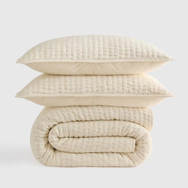 European Linen Cotton Stitch Quilt Set (Ivory, Queen)