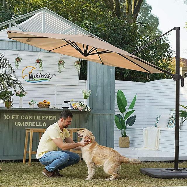 wikiwiki 10 FT Aluminum Cantilever Patio Umbrella, Solution Dyed Fabric Outdoor Round Offset Umbrella Market Hanging Umbrellas 360° Rotation, Integrated Tilting System and Cross Base (Beige)