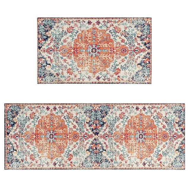 Boho Kitchen Rug Mat Set of 2 Farmhouse Kitchen Rugs Non-Slip Washable Kitchen Floor Mats for in Front of Sink Runner Decor Orange