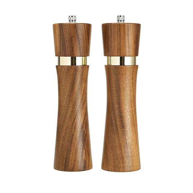 Acacia Wood Manual Salt and Pepper Grinder Set, 8 inches Refillable Pepper and Salt Mill Set, Salt Grinder Pepper Mill with Adjustable Coarseness, for Restaurant Hotel By DEERLET (2pcs,wood-gold)