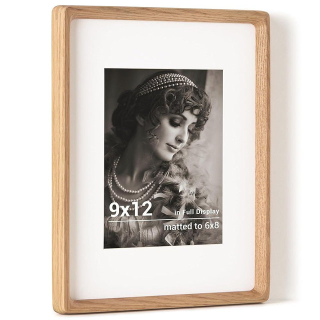 Fun Memories 9x12 Picture Frame, USA-Sourced Oak Wood Photo Frames with HD Tempered Glass, Handcrafted Rounded Corner 9 x 12 Wooden Frames Matted to 6x8 Photos, 9x12 Frame, Tabletop or Wall Display