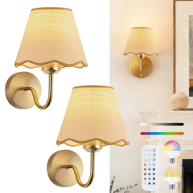 Yiridrme Wireless Battery Operated Wall Sconces Set of 2, Rechargeable 5000mAh Rattan Shade Woven Wicker Wall Light, Gold Wall Lamp for Bedroom, Living Room, Hallway