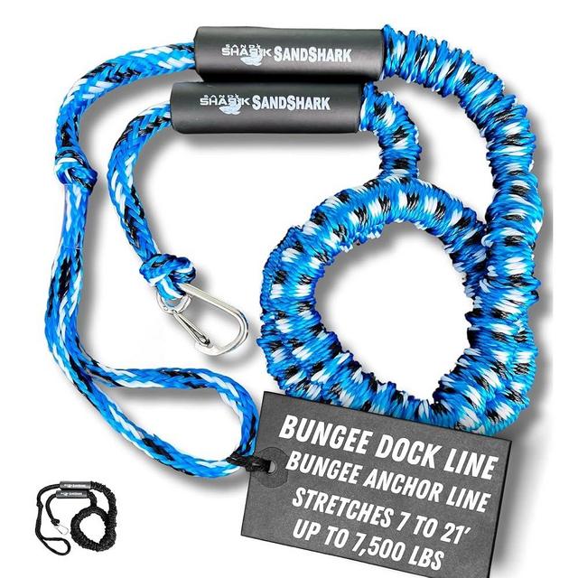 SandShark Premium Anchor Bungee Dock Line. Boat Accessories Anchor Line Absorbs Shock to Anchors and Docks w/Stainless Steel Clip - Blue - 7-21ft