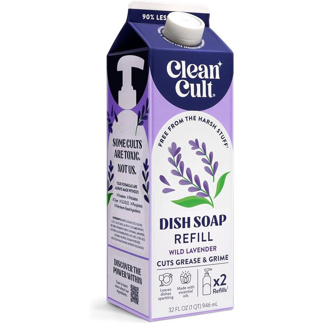 Cleancult Dish Soap Liquid Refill (32oz, 1 Pack) - Plant Based Cleaning Power - Dish Soap that Cuts Grease & Grime - Free of Harsh Chemicals - Uses 90% Less Plastic - Wild Lavender