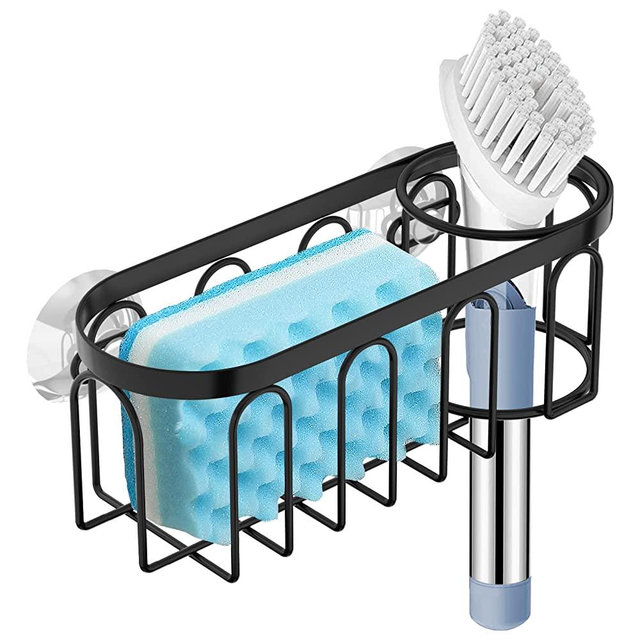 Yazoni 2-in-1 Sponge Holder for Kitchen Sink, Suction Cup Sponge Rack Kitchen Sink Caddy, No Drill Rustproof Kitchen Sink Organizer for Place Dishwashing Brush Soap and Sponge (Black)