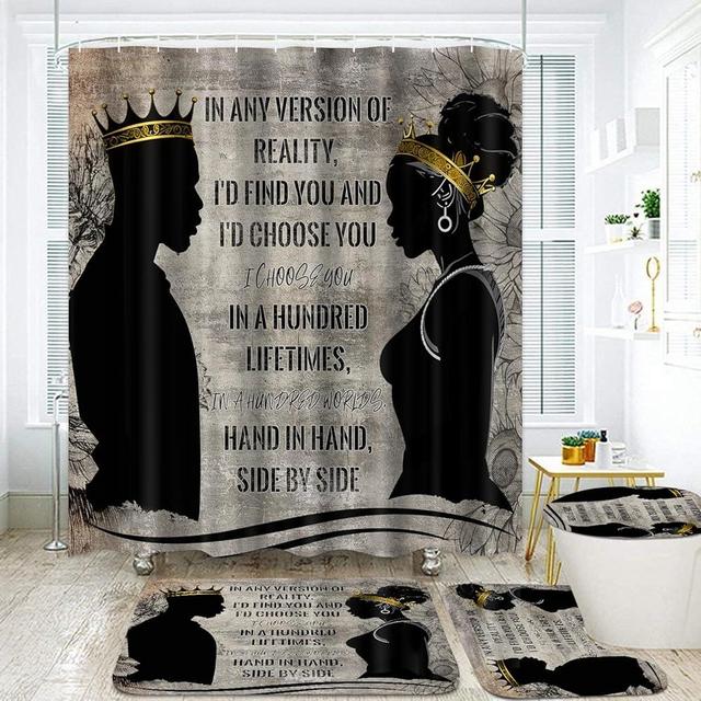 Omebero 4 Pcs King Queen Couple Shower Curtain Set, Black Man Women Bathroom Sets with Shower Curtains and Rugs Toilet Lid Cover Bath Mat, Romantic Words Waterproof Fabric Bathroom Decor