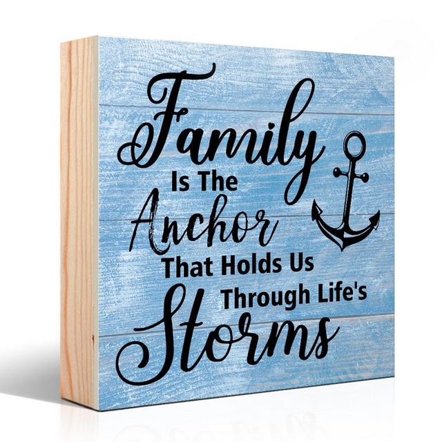Vgrti Family Is The Anchor That Holds Us Through Life's Storms Wood Box Sign, Farmhouse Style Wood Wall Nautical Home Decor Sign, Inspirational Family Gifts for Men Women Mom Dad