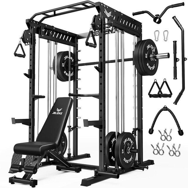 JELENS M21 Smith Machine, Multi-Function Power Cage with Dual Pulley Cable Crossover System, 2000LBS All-in-One Squat Rack with Smith Bar and Attachments for Home Gym Strength Training