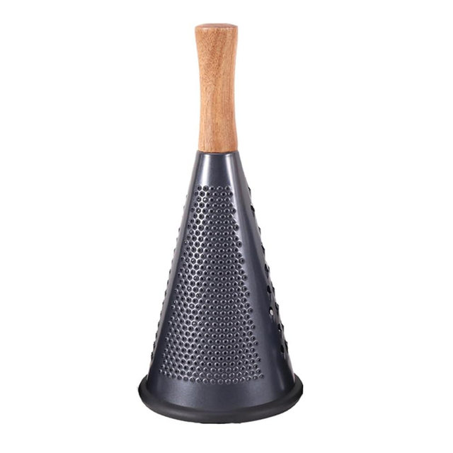 Cone Cheese Grater with Handle Stainless Steel Grater Triple Function Wood Handle Shredder Non-Slip Rubber Bottom Hand Held Multifunction Vegetables Grater Black 4-Size (Size L: 10.6" X 4.7" Black)