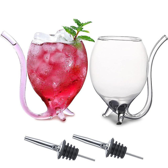 INFTYLE Gift Set-Vampire Wine Glass Set of 2 Cocktail Glass 12oz with Drinking Tube Straw Creative Glass Decanter Cups Mugs for Wine Champagne Juice Home Bar Party Club Glassware Barware Tool