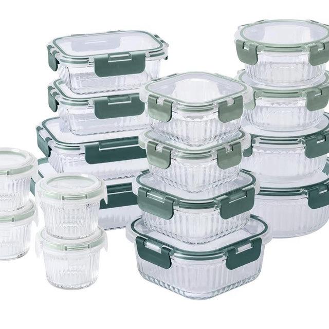 COOK WITH COLOR Premium 32-Pc. Borosilicate Glass Food Container Set with Dividers - 4 Rectangles, 8 Rounds, 4 Squares - Leakproof Lids - Meal Prep, Storage, Fluted Ombre Green