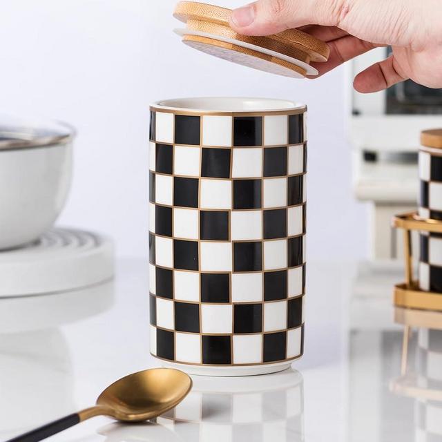 XYQXYQ Kitchen Countertop Ceramic Checkered Canisters,Black And White Food Storage Containers With Lid,Airtight Kitchen Canisters for Flour, Sugar, Coffee, Tea, and Dry Goods (Black, Large)