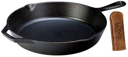 Lodge Seasoned Cast Iron Skillet w/Hot Handle Holder- 12” Cast Iron Frying Pan with Genuine Leather Hot Handle Holder