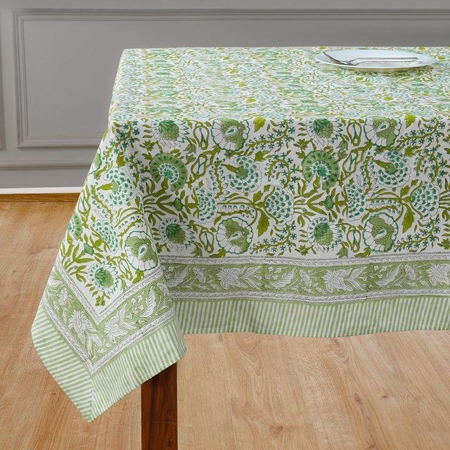 CPC Tablecloth 100% Cotton 70x108 Inch Indian Block Print Rectangle Table Cover, Green Table Cloth for Weddings, Thanksgiving, Christmas- Agate Green