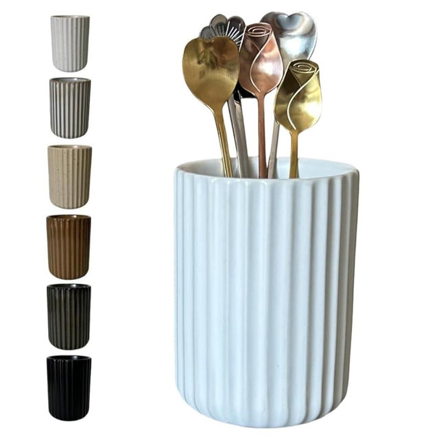 Stoneware Coffee Bar Utensil Holder Tea & Coffee Spoon & Stirrer Holder for Stir Stick Straw Teaspoon Holder Spoon Cup Small Utensil Jar Fluted Vertical Stripe (Pure White)