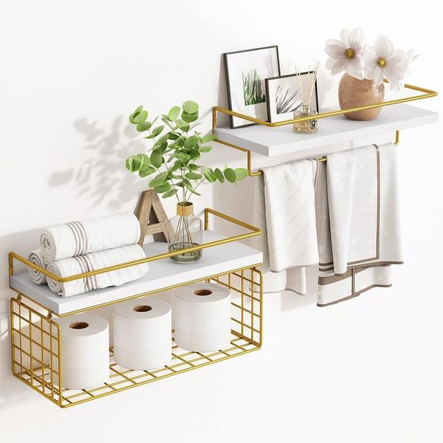 Fixwal 2+1 Tier Wall Mounted Floating Shelves with Metal Frame, Rustic Wood Bathroom Shelves Over Toilet with Wire Storage Basket & Towel Rack, Decor for Kitchen, Bedroom, Living Room(White & Gold)