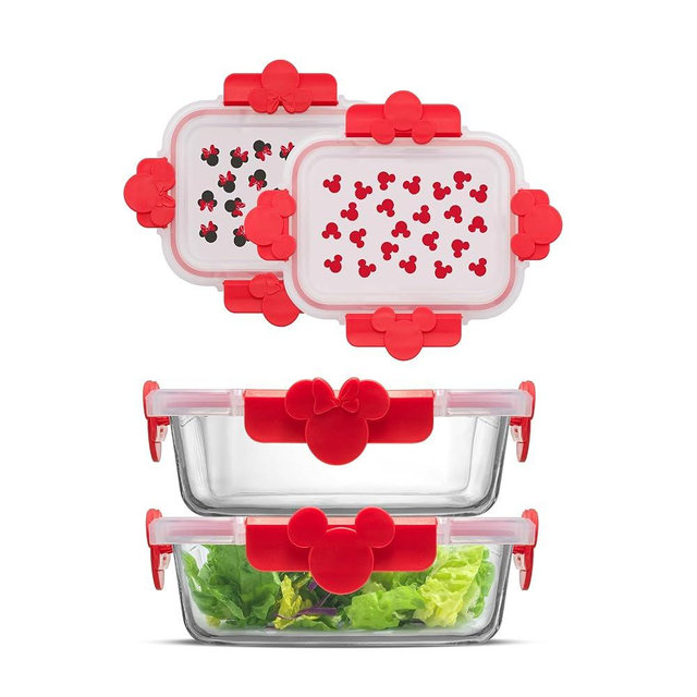 JoyJolt Disney Mickey & Minnie Glass Food Storage Containers with Lids, 2x Airtight Borosilicate Glass Storage Containers with Lids for Kitchen, Reusable Lunch Meal Prep Container, Disney Gifts | Red