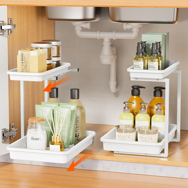 Sotfamily Under Sink Organizer and Storage, Pull Out Under Cabinet Organizer 2 Tier Bathroom Sink Organizers with Upgraded Stability, Cleaning Supplies Organizer for Kitchen Bathroom, White, 2 Pack