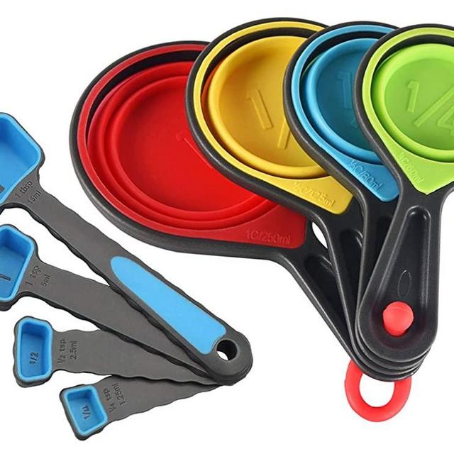 Collapsible Measuring Cups and Spoons Set- 8 Piece Portable Silicone Measuring Cups and Spoons,Markings for Liquid & Dry Measuring (blue)