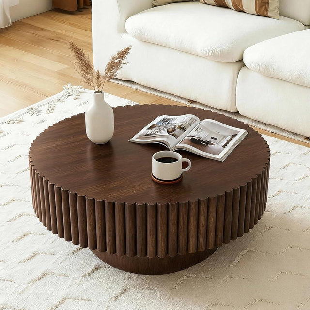 Rovibek Round Coffee Table, 31.5" Wooden Fluted Coffee Table with Fluted Base, Circle Accent Center Table for Living Room Apartment Office Small Space, Easy Assembly, Walnut