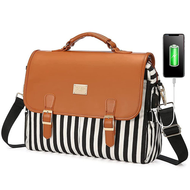 LOVEVOOK Laptop Bag for Women, Large Capacity Computer Bags Cute Shoulder Messenger Bag, Business Work Bags Tote Briefcase Purse Laptop Sleeve Case, 15.6inch, Black Stripe Brown Pro