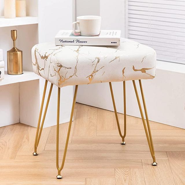 Modern Mink Square Footstool Ottoman Bench, Beige Faux Fur Vanity Stool with Gold Legs, Foil Print Pattern Comfy Vanity Chair, Makeup Stools for Vanity, Plush Fluffy Footrest for Bedroom, Living Room