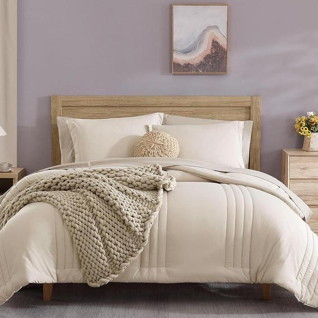 Monbix Full Comforter Sets, 7 Piece Full Size Bedding Sets, Warm Comforters, Bed in A Bag Full with Sheets,Pillowcases & Shams (Apricot Beige, Full, 80''x90'')