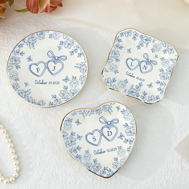 Personalized Ceramic Locked Ring Dish, Toile De Jouy, Wedding Gift