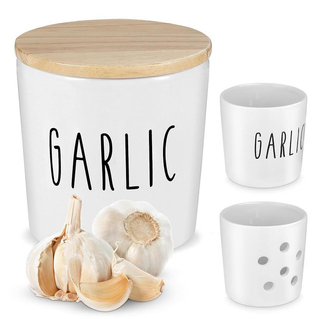 Large Garlic Keeper with Wooden Lid - Garlic Holder Storage - Round Ceramic Garlic Container Storage to Keep Your Garlic Cloves Fresh Longer - Classic White Vented Garlic Keeper for Counter