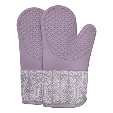 RED LMLDETA Professional Microwave Silicone Oven Mitts for one Pair, Kitchen Lines Set for Heat Resistant with 500 Degrees, Kitchen Gloves Pot Holder for BBQ Cooking Baking (Purple)