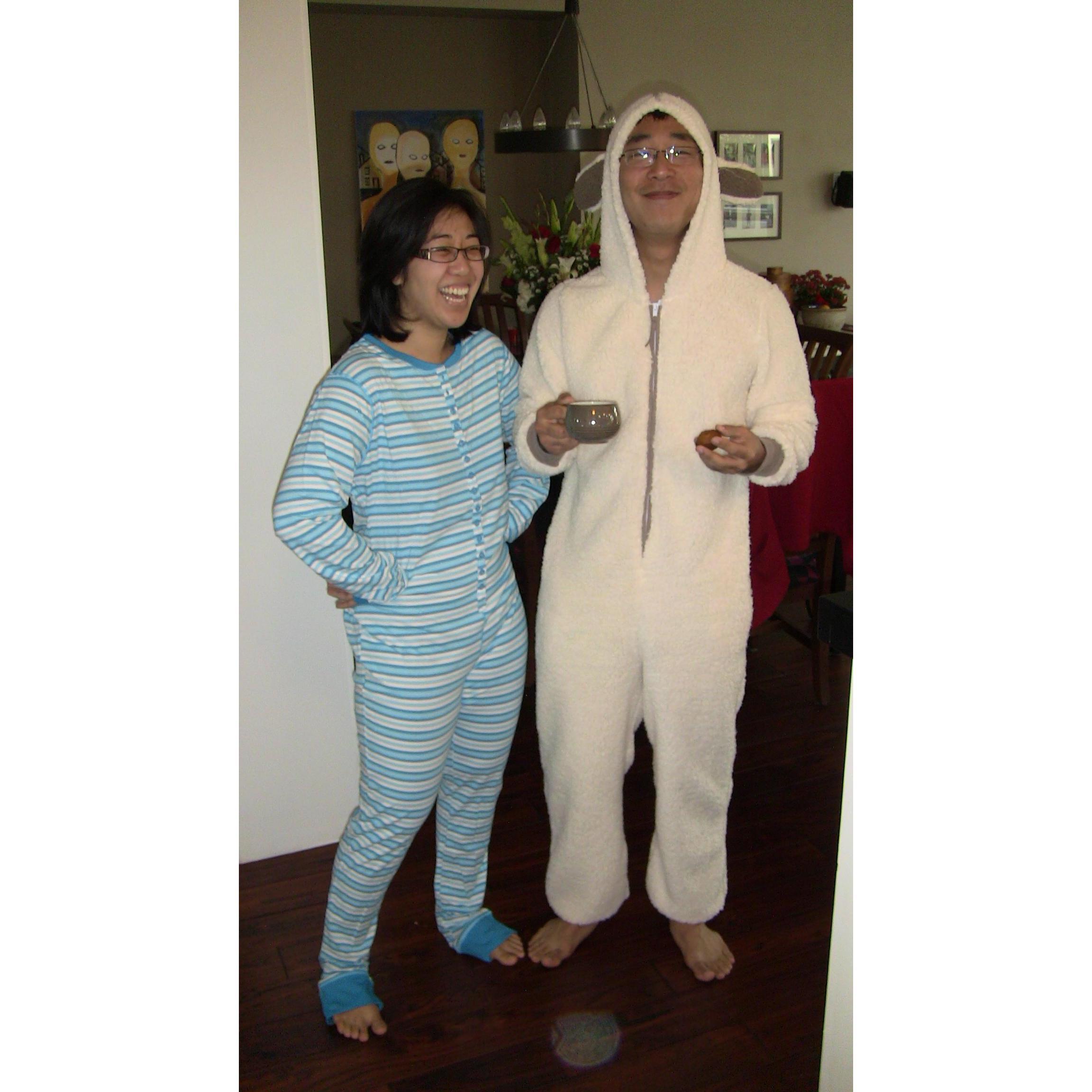 Toronto Grandma came for Christmas and gifted us pj's as per tradition.  That's a sheep onesie if you were wondering.