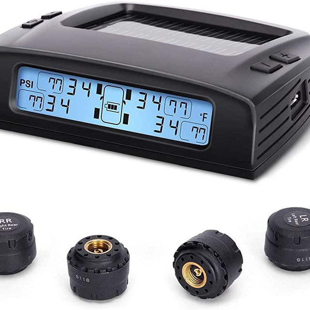 Tymate Tire Pressure Monitoring System-Solar Charge, 5 Alarm Modes, Auto Backlight ＆ Smart LCD Display, Auto Sleep Mode, with 4 External Tpms Sensor (0-87 PSI)