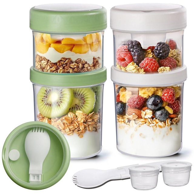 ComSaf 2 Pack Overnight Oats Containers with Lids 27 oz, Plastic Yogurt Parfait Cups with Folding Spoons to Go, Dual-Layer Chia Pudding Jars Reusable with Granola Holder for Snack, Meal Prep, Sala