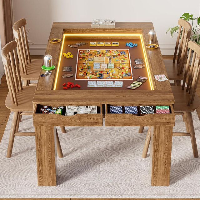 PAKASEPT Board Game Table with Removable Table Top, Gaming Table with LED Lights, Seats 4 to 6 Players with Detachable Hobby Tray for Card Games, DND, Poker, Building Blocks