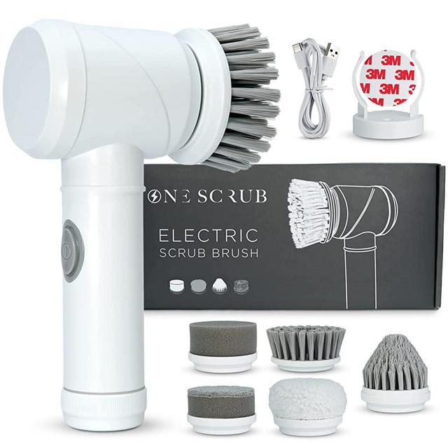 Electric Spin Scrubber – Kitchen & Bathroom Cleaner – Electric Cleaning Brush – 5 in 1 Brush Heads –– Shower, Tile, Leather, Stove, Dish, Grout Cleaner – Rechargeable Kitchen Gadget – White