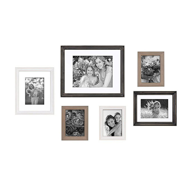 Kate and Laurel Bordeaux Industrial Farmhouse Gallery Frame Wall Kit, Set of 6 with Assorted Size Frames, Rustic Brown, Distressed Black, Whitewash