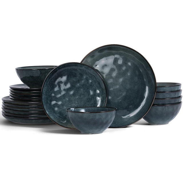 Famiware Ocean Round Plates and Bowls Set, 18 Pieces Dinnerware Sets, Dishes Set for 6, Reactive Glaze, Microwave and Dishwasher Safe, Scratch Resistant, Deep Forest