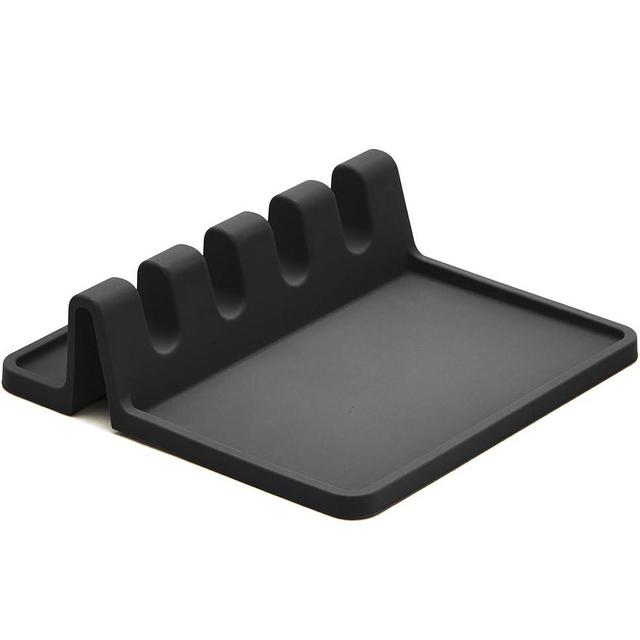 Extra Large Black Silicone Spoon Rest for Stove Top with Drip Pad (1 Pack) - Heat-Resistant, BPA-Free Utensil Rest & Spoon Holder for Kitchen Counter - Utensil Holder for Spatulas, Tongs, Ladles