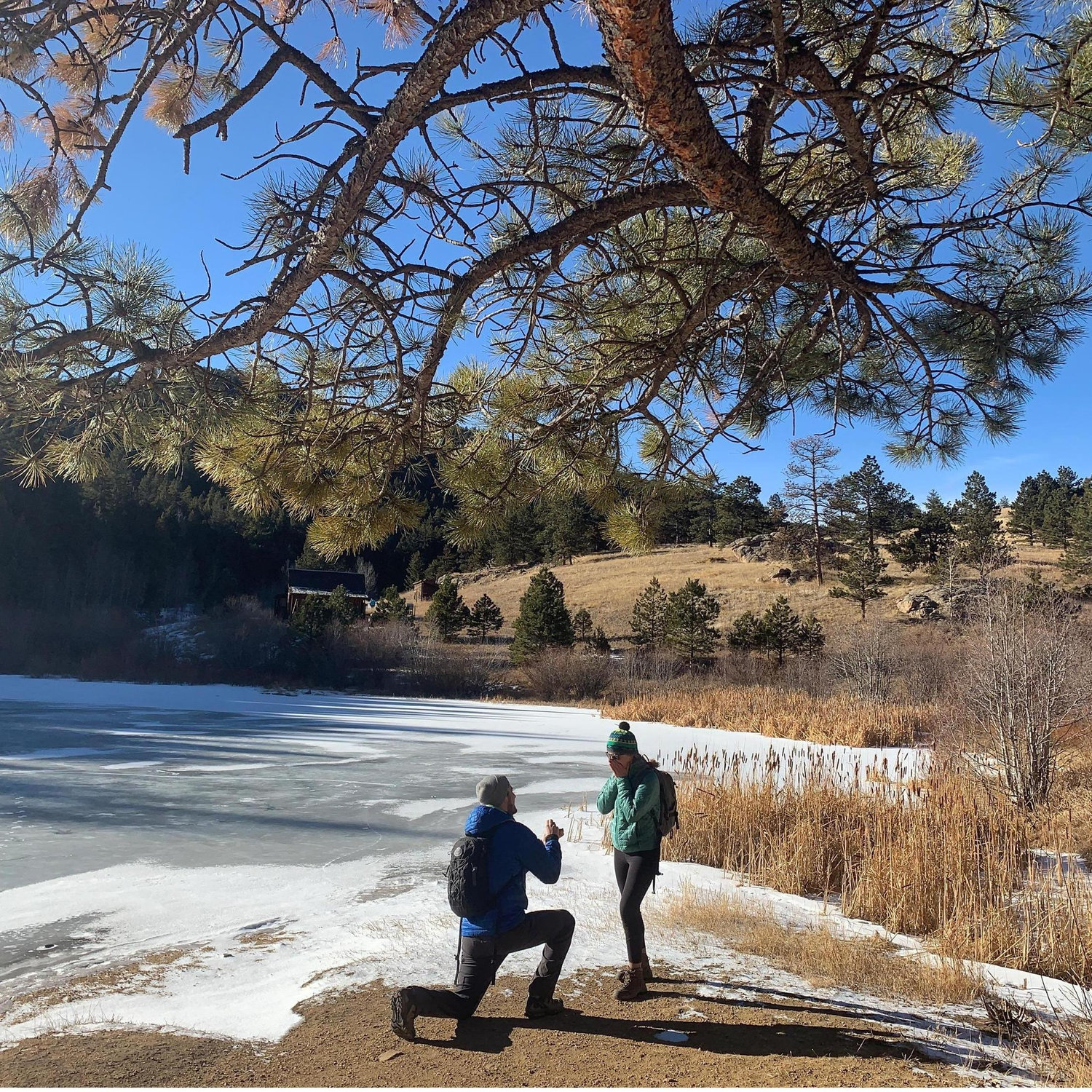 The proposal! In Golden Gate Canyon State Park December 29, 2018. Our favorite hike around the Denver area!