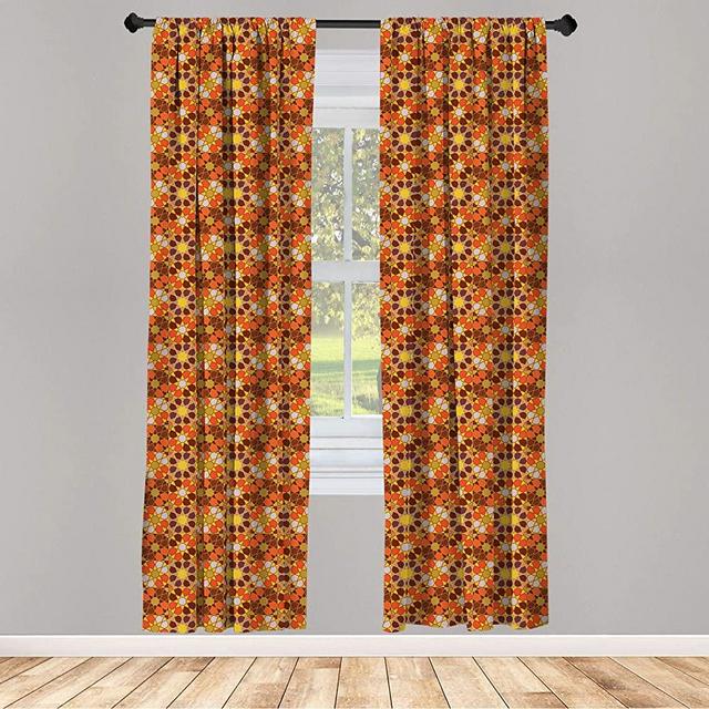 Lunarable Retro Curtains, Colorful Rhythmic Traditional 70's Vintage Flowers Inspired Motifs Illustration, Window Treatments 2 Panel Set for Living Room Bedroom Decor, 56" x 84", Orange Brown