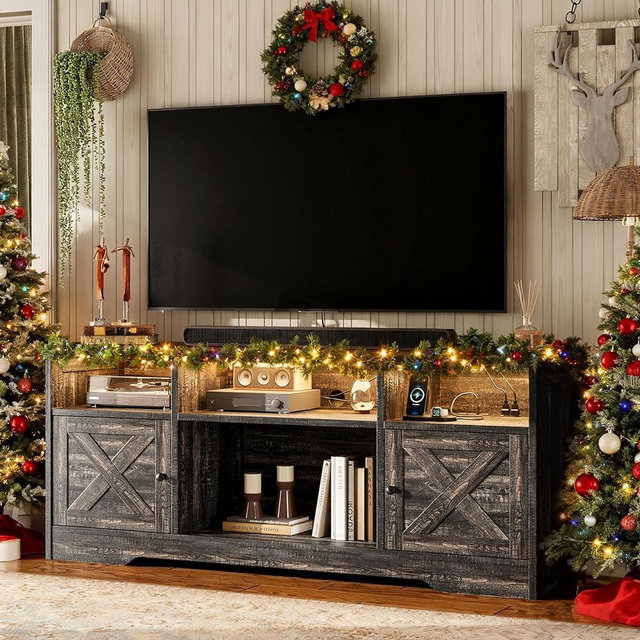 Casaottima TV Stand for 65 Inch TV, Farmhouse Entertainment Center with Power Outlet & LED Light and Storage Cabinets, Console Table and Media Furniture for Living Room Bedroom, Dark Oak