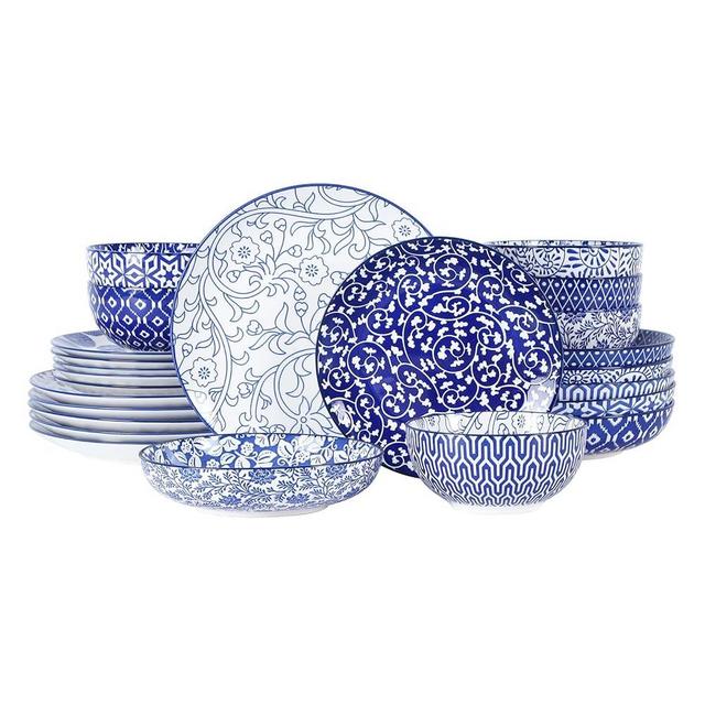 Selamica Ceramic Dinnerware Sets for 6, 24 Piece Plates and Bowls Sets, Highly Chip and Crack Resistant Dishes Set-Dishwasher & Microwave & Oven Safe, Vintage Blue