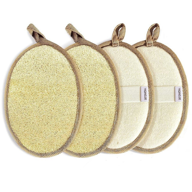 YIQINGJIE Natural Loofah Sponge Exfoliating Body Scrubber(4 Packs),Made with Eco-Friendly and Biodegradable Soft Shower Luffa Sponge, Loofah for Women and Men, Brown